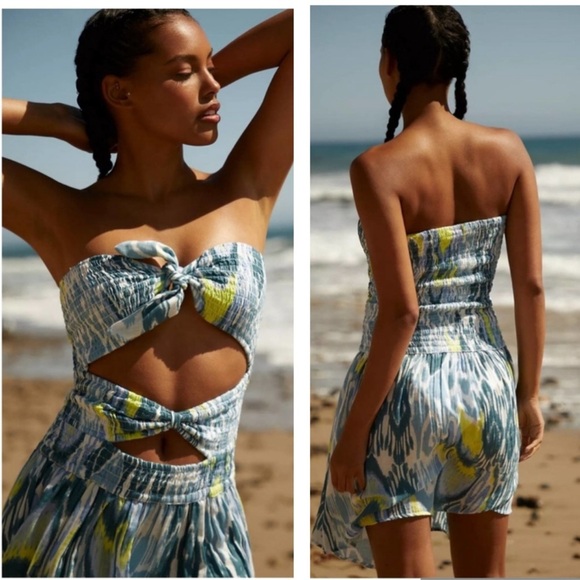 NWT Anthropologie Blue Motif Watercolor Print Reversible Smocked Mini Dress - Picture 1 of 7